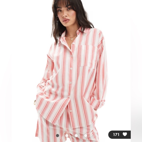 ASOS DESIGN Curve relaxed shirt and shorts in red deckchair stripe - Picture 2 of 11